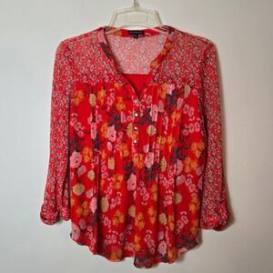 Ava & Grace Red Floral Mixed Print Pleated Mesh 3/4 Sleeve Blouse Top Large